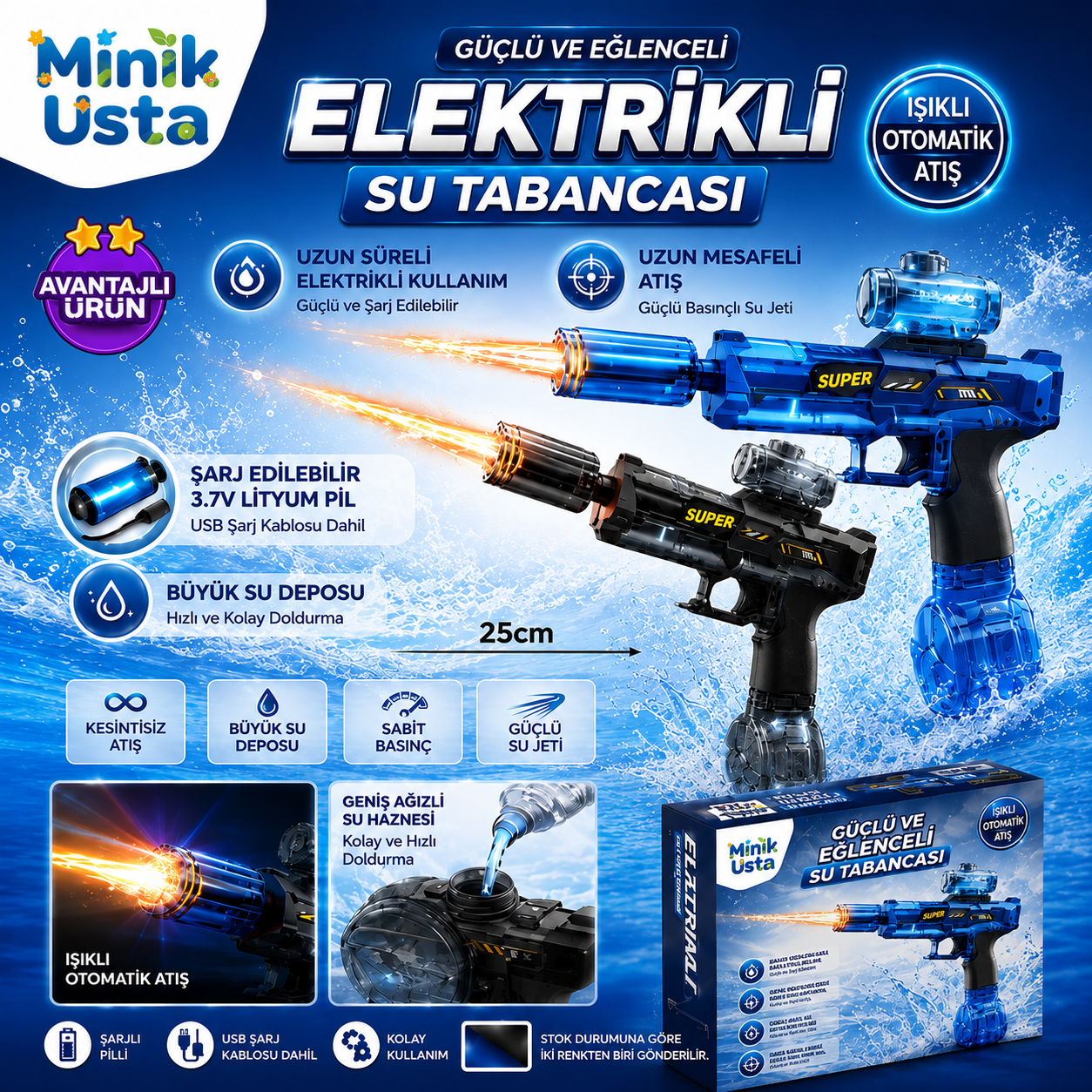 Şarjlı Işıklı Ateş Efektli Su Tabancası