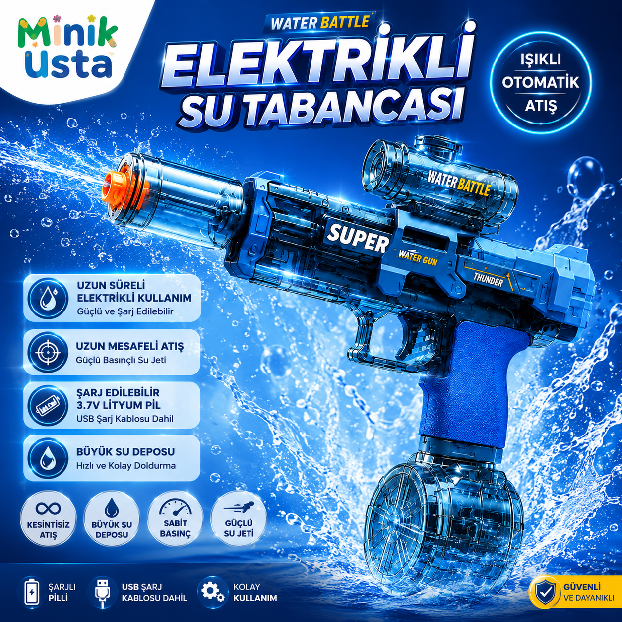 Şarjlı Işıklı Ateş Efektli Su Tabancası